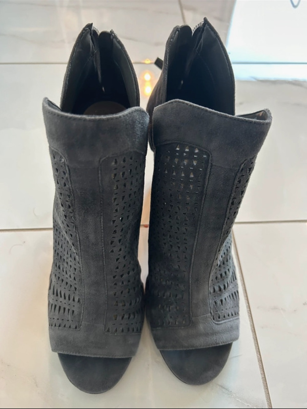 Women's Gray Suede Peep-Toe Cutout Ankle Boots Vince Camuto